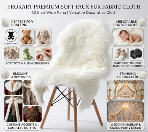 Image of Prokart Soft Faux Fur Fabric Cloth - 60 Inch Wide Pana | Fur Fabric Decorative Cloth for Crafting Soft Toys, Fancy Dress, Baby Photoshoot, Wedding Mandap & Party Decor (White, 1 Mtr)