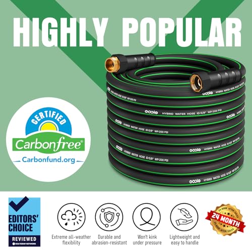 Image of Garden Hose 100 ft x 5 /8 inch with Nozzle, Water Hose Heavy Duty Flexible, Lightweight Kink-less Hybrid Hose with Swivel Handle, Male to Female Fittings (Green, 100FT)