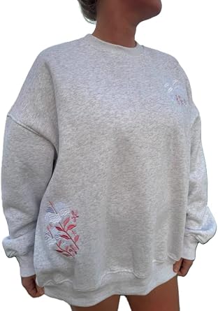 Juakoso Women Floral Embroidered Hoodie Y2K Preppy Long Sleeve Sweatshirts Oversized Vintage Graphic Pullover for Teen Girls