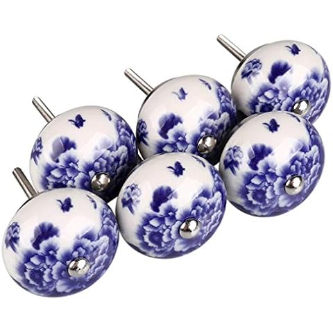 Xpanal Ceramic Drawer Knobs, Handmade Floral Decorative Ceramic Cabinet Knobs, White and Blue Ceramic Knobs for Dresser, Cabinet,Drawers, Closets, Peony Pattern, Set of 6 Cover