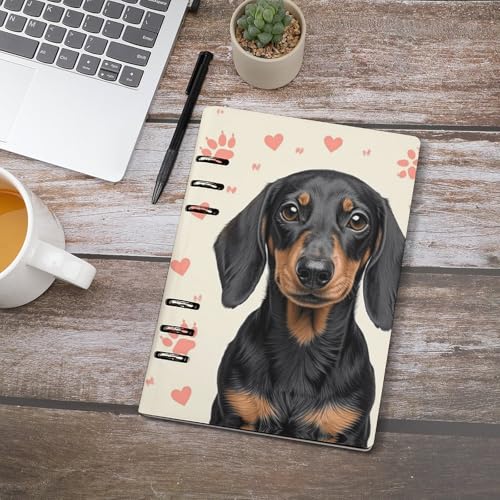 Cuaderno A5 de piel sintética premium y 6 anillas con grabado de perro salchicha 4
