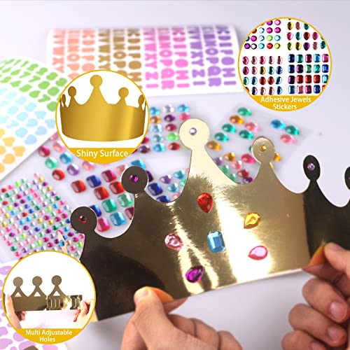 Weysoo Papier Krone Partyhüte, mit Selbstklebende Strasssticker & Alphanumerische Aufkleber, DIY Party Kronenhut Set für Prinzessin Königin Prinz Geburtstagsparty (5 Krone)