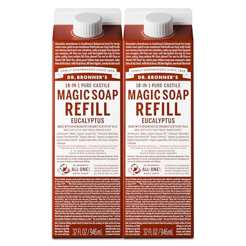 Dr. Bronners Magic Soap-Pure-Castile Liquid Refill (Eucalyptus 32 ounce 2-Pack) - Regenerative Organic Certified Oils For Body Hair Laundry Pets & Dishes Concentrated Vegan Non-GMO