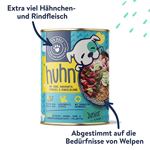 Pets Deli Nassfutter für Junghunde mit Huhn, Rind, Amaranth, Fenchel & Ringelblume ohne Zucker und Gluten 6 x 400g
