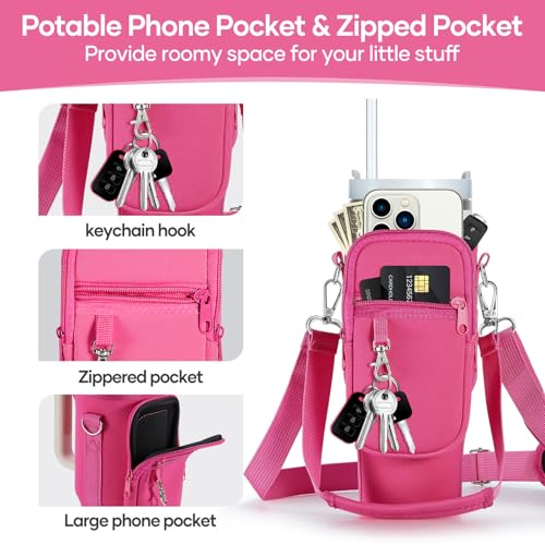Image of linmaya Water Bottle Carrier Bag with Phone Pocket for Stanley 40 /30 oz Tumbler Neoprene Water Bottle Holder Pouch with 2 Adjustable Strap & 3 Leak Stoppers for Stanley Cup Accessories