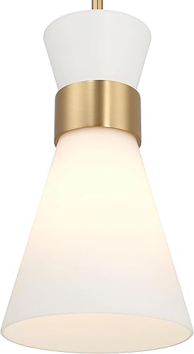 Miniatura 5 de Robert Stevenson Lighting Kit - Lámpara de techo moderna minimalista de cristal de ópalo cónico y metal, blanco y dorado