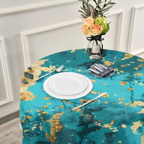 Nappe ronde imprimé léopard bleu doré 152 cm lavable avec dentelle