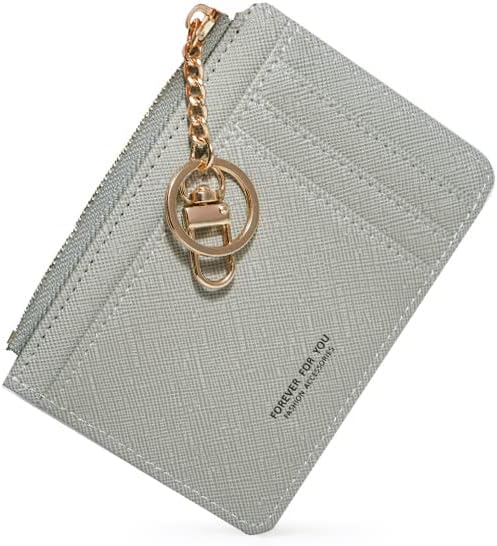 Miniatura 6 de Cartera de cuero delgado minimalista con bolsillo frontal para mujer con ventana de identificación y llavero, Gris, Simple