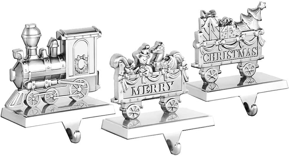 MINILIFE 3Pcs Christmas Locomotive Stocking Hanger, Christmas Hangers Mantle Stocking Holder for Mantle - Holiday Mantle Fireplace Topper Silver Christmas