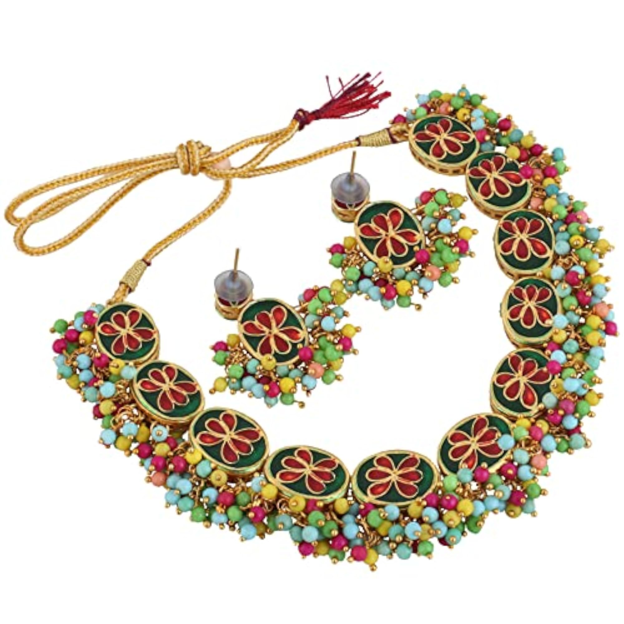 Meenakari Earring & Necklace Set, Uncut Kundan, Dibbi Choker, 18k Plated