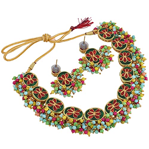 Meenakari Earring & Necklace Set, Uncut Kundan, Dibbi Choker, 18k Plated