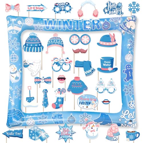 Winter Photo Booth Props Inflatable Frame, 30Pcs Winter Wonderland Photo