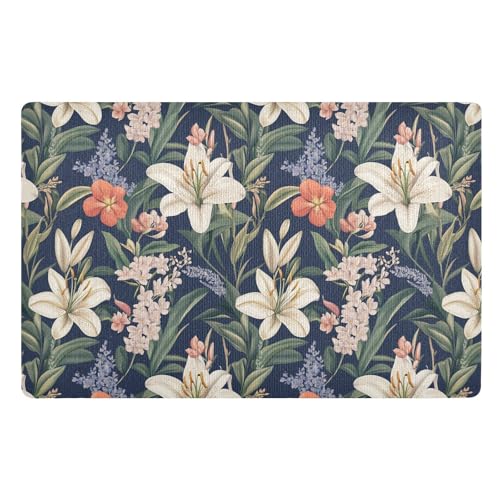 linqin Tapete para puerta de suelo de 32 x 20 pulgadas, diseño de flores de lirio, color azul marino, tapete de goma antideslizante para exteriores, tapete ultrafino para perros para vacaciones,