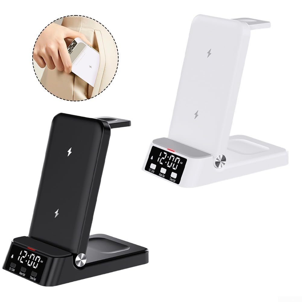 Caricatore Induttivo 3 in 1 per Samsung per galaxy S25 S24 per ultra Watch Buds, per stazione Ricarica Veloce con per sveglia Digitale, Supporto Magnetico da Scrivania Compatto(Black)