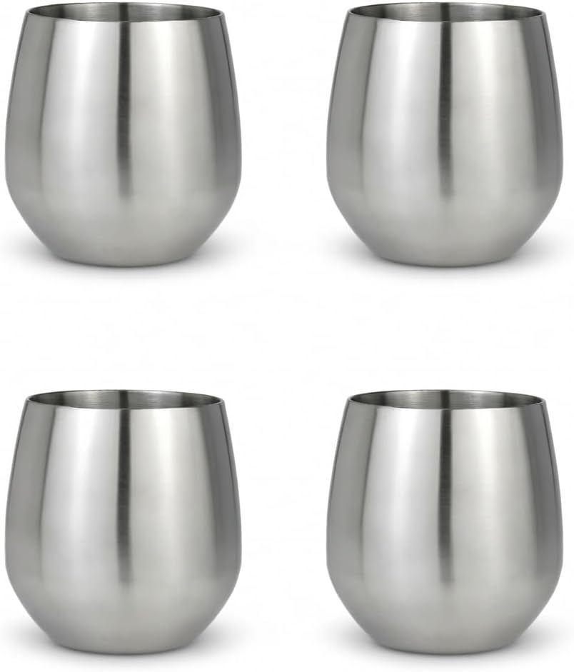 BigBak™ Insulated Black Stainless Steel Cups – 12oz Wine-Style Tumbler Set of 4 – Stemless Metal Drinkware Gift Set for Parties, Travel, Camping – Elegant Durable Tumblers with Matching Straws