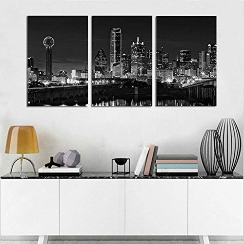 Nan Wind 3 Pcs Wall Art Dallas Skyline Black & White Canvas Art Paintings For Room Decor Dallas Cityscape Skyscrapers Night Scene Picture Prints On Canvas For Home Decor Modern Giclee Framed #TOP5