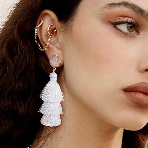 White Tassel Earrings for Women Dangling Boho Summer Beach Earring Big White Fringe Dangle Drop Earrings Handmade Tiered Tassel Earring Women Summer Beach Jewelry Gift for Vacation - Thumbnail 2