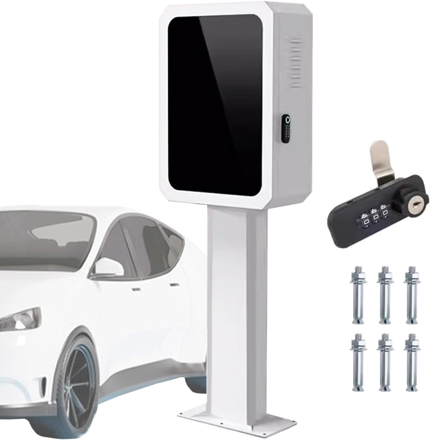Ev Charger Enclosure Outdoor Box Pedestal, Electric Vehicle Charging Stations Stand with Combination/Keyed Lock, Lockable Floor Mounted Car Chager Pile(White)