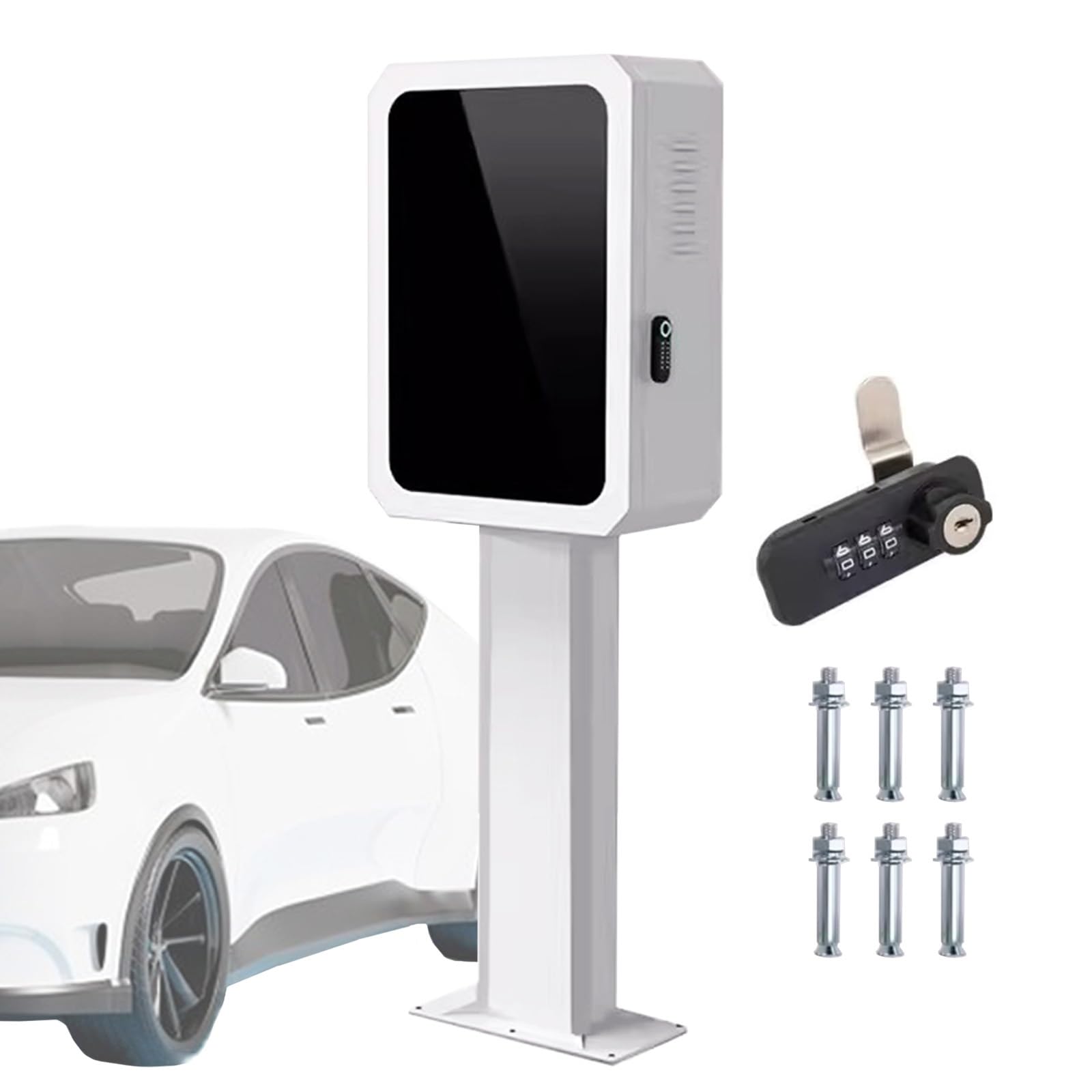 Generisch EV-Ladegehäuse, Außenbox-Sockel, Ständer für Ladestationen für Elektrofahrzeuge mit Zahlen-/Schlüsselschloss, abschließbarer, bodenmontierter Auto-Ladestapel (weiß)