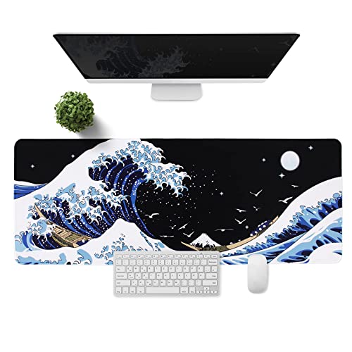 MEWOOCUE Gaming Laptop Mouse Pad,Sea Wave Big Mice Pads PC Keyboard Waterproof and Non-Slip 31.5 x 11.8inches 3mm Thick XL,XXL Rubber Table Mat, Kanagawa Surfing and Black Japanese Mouse Pads - Image 3