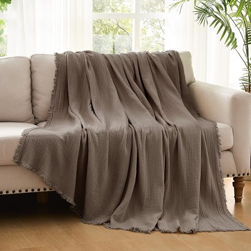 WDCOZY Manta Muselina 100% Algodón Capa 4 Transpirable Ligera Suave para Sofá Boho Estilo Rústico Flecos 50x60 Pulgadas Mocha miniatura 3