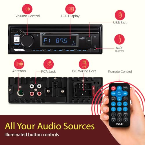 Image of Pyle Marine Radio Stereo Receiver with Bluetooth MP3 Player - Single DIN Boat Audio System, AM /FM Tuner, USB /AUX Input, 30 Preset Stations, Hands-Free Calling, 350 W Power for Marine and Boat Use