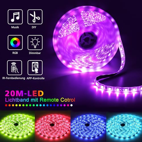 Mexllex LED Strip 20M, Bluetooth LED Streifen 20m RGB LED Lichterkette Streifen Licht mit Fernbedienung und App,16 Mio. Farben, RGB LED Strip Beleuchtung Leiste Band für Schrankdeko, Zuhause