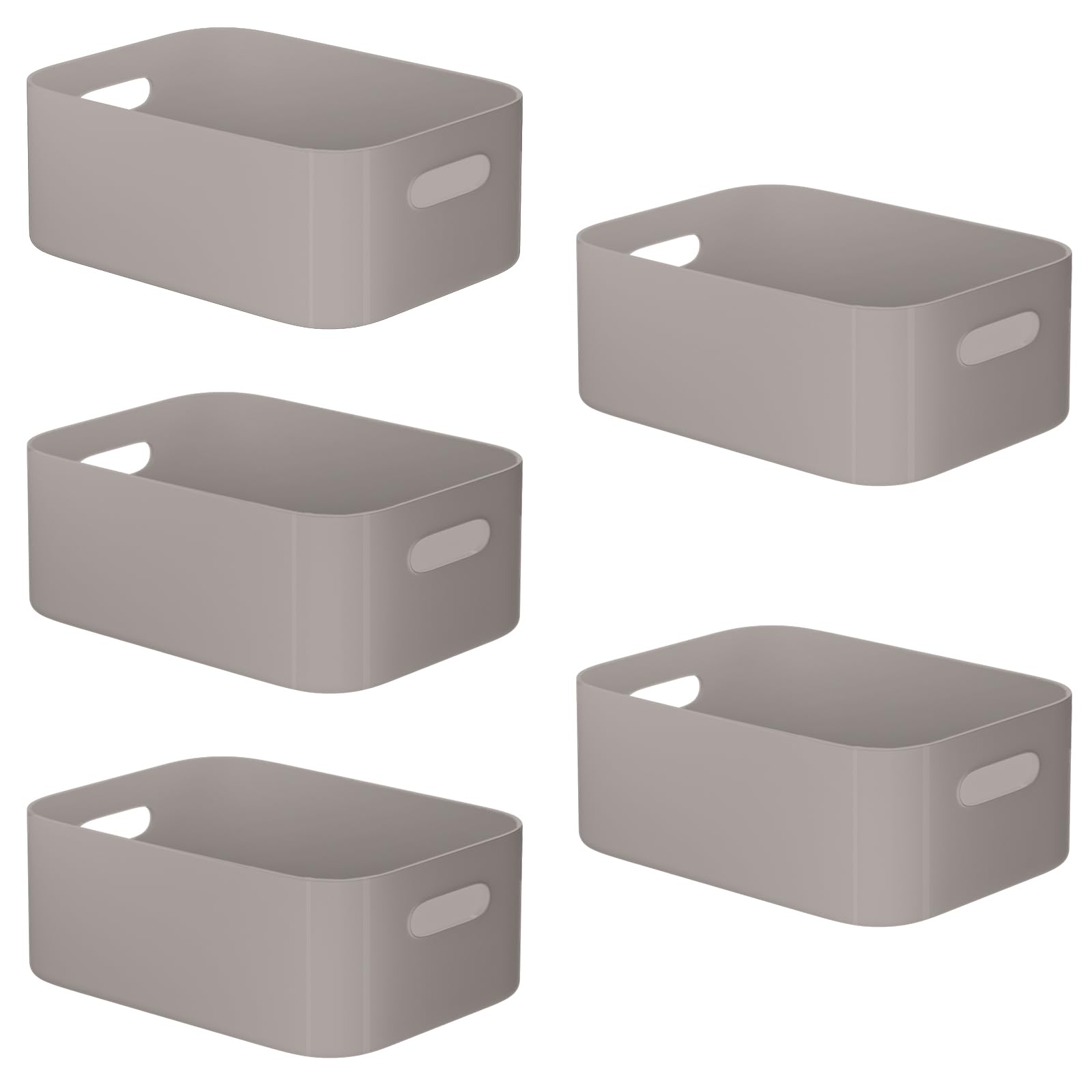 W&H 5 PCS Grey Plastic Storage Baskets with Handle, Medium Kitchen Cupboard Organiser Box, Under Sink Storage Boxes