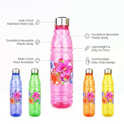 Image of RED WIND Unbreakable 1 Litre Floral Print Water Bottles | Pack of 6 | Multicolor | Leakproof Screw Cap | BPA-Free | Bottles for Fridge, Gym, Home, Office, School and Travel