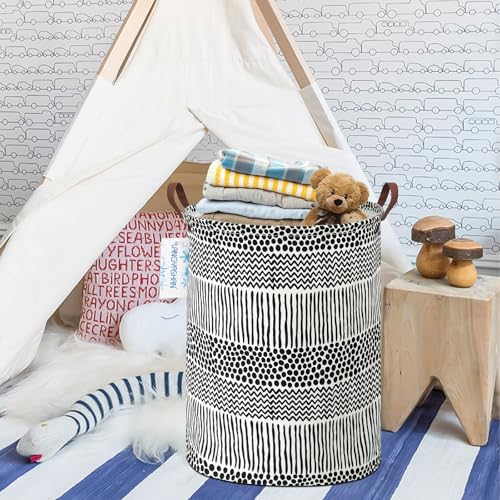 Image of Laundry Basket Canvas Fabric Collapsible Organizer Basket for Storage Bin Toy Bins Gift Baskets Bedroom Clothes Children Nursery Hamper (Black line)