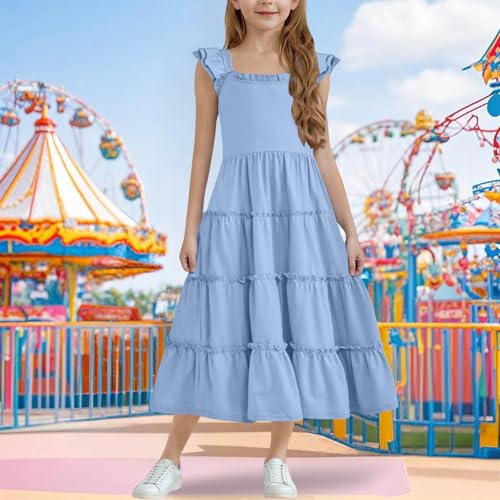 Girls Summer Sleeveless Ruffle Dress Loose Tiered Aline Boho Sundress Casual Party Flowy Maxi Dresses for 3-13 Years2