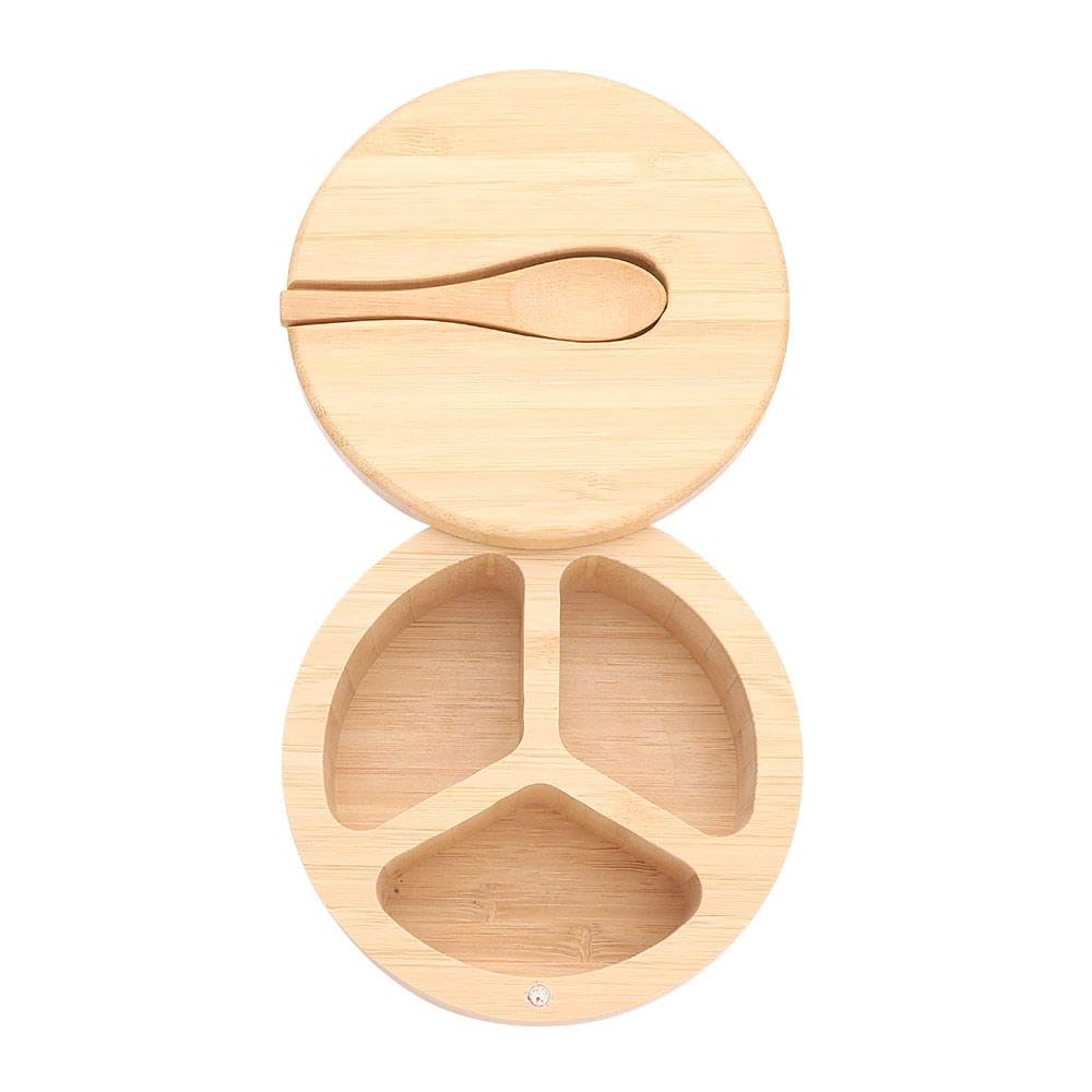 gofidin 3 Grids Wooden Storage Cellar Bowl Box with Spoon, Spice Jar Seasoning Container Salt Box Condiment Sesame Bottle BBQ Cooking Organizer Household Kitchen Tool