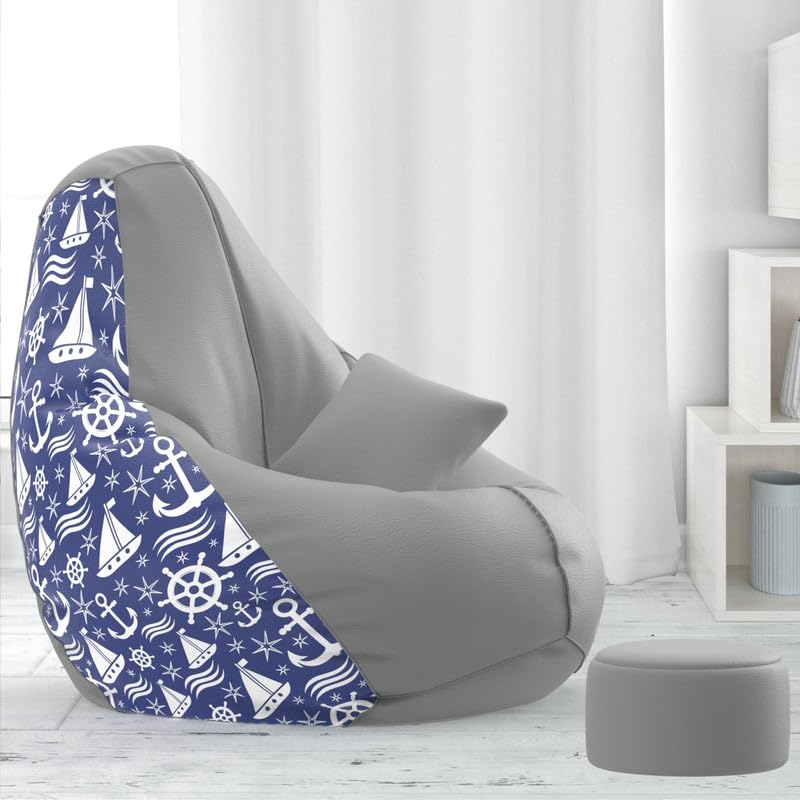Biggie Bean Bag Chair Cover 4XL Evergreen Classics Bean Bag-Loud Prints-Soft Landings-Styled with Free Cushion & Footrest (Matching Color : Printed Ship Sail - H - Light-Grey Blue)-image-41