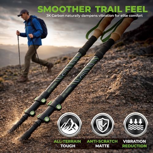 Trekology Walking Sticks for Seniors, Women & Men - Ultralight Carbon Fiber Hiking Poles (210g), Collapsible Lightweight Trekking Poles, Matte Finish with Cork Grip, 10-Piece Accessory Kit - 2