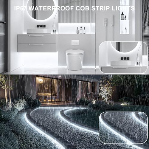 Image of 20ft COB Outdoor LED Strip IP67 Waterproof, 6500K Cold Whit DC24V Flexible LED Rope Strips with Remote & App Control Dimmable, DIY Lighting for Indoor, Outdoor, Bedroom, Garden, Patio