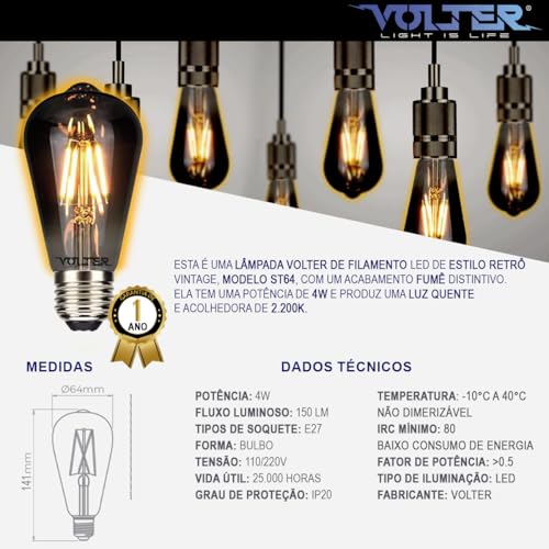 Lâmpada Led Filamento Fume St64 Retro 4w Bivolt E27 2200k 360lm