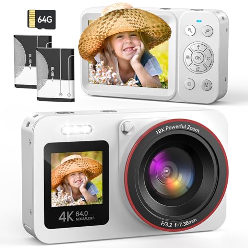 Appareil Photo Numérique 4K 64MP Digital Camera 18X Zoom Numérique Appareil Photo Compact Portable avec 2 Écran, 2 Batteries Carte SD de 64 GB pour...