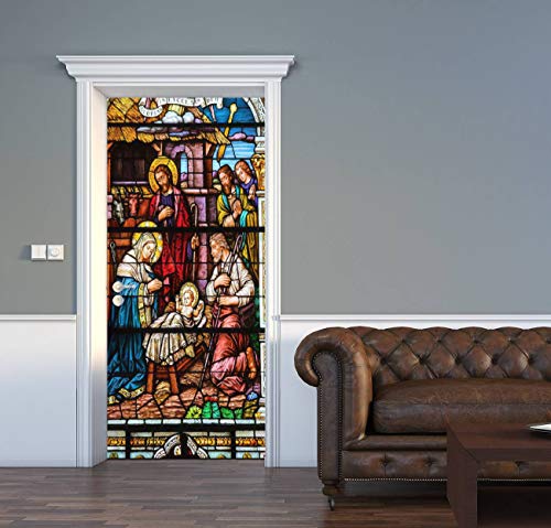 3D Door Decal Jesus Nativity Stained Glass Saint Peter Paul Catholic Church Door Stickers Removable Adhesive Pvc Door Wall Mural Door Wallpaper Door Art For Home Decor 30.3" W X 78.7" H #TOP9