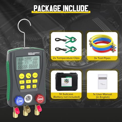 PLAYOCCAR Digitaler HVAC-Manometer-Satz, Klimaanlagen-Manometer-Satz, Kältemaßzähler für R410a und R22, 2 Temperatur-Klemmsonde