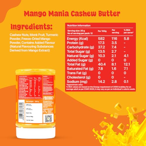 Image of Asmita Organic Farms Mango Mania Cashew Butter 250g | Sweetened with Monk Fruit | Naturally Yellow with Turmeric | High Protein Creamy Spread | No Palm Oil, No Preservatives | Perfect for Toast & Smoothies