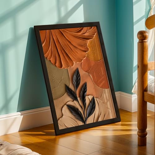 Image of NoWorries 3D Abstract Leaf Wall Painting with Frame Set of 1 | Premium Textured Black Leaf Artwork, Earthy Terracotta Botanical Wall Decor for Living Room, Bedroom, Office and Home Decoration (3d Art-15,13x19inch)