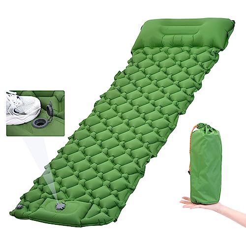 PATIKIL Backpacking Air Mattress Self-Inflating Sleeping Mats for Camping 76x24'' Waterproof Ultralight with Pillow Built-in Foot Pump for Hiking Tent Traveling, Green