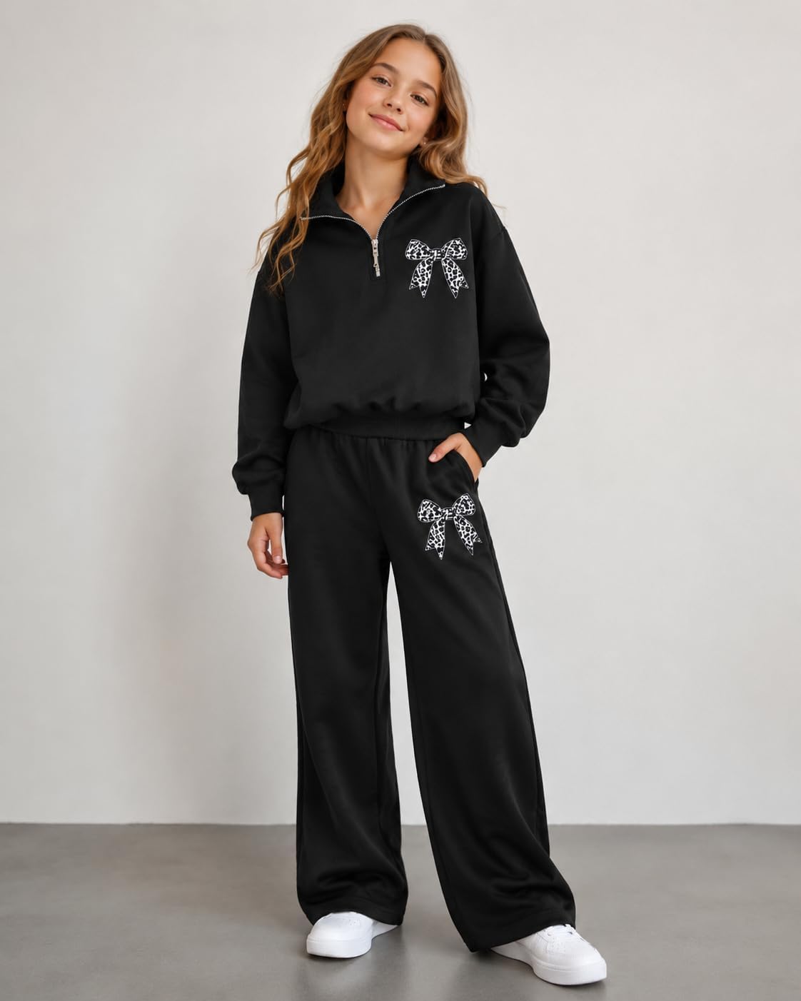 Tween Girls Clothes Long Sleeve BowBow Zip-Up Sweatshirt + Wide Leg Pants 2 Piece Outfit Set, Size 7-16Years