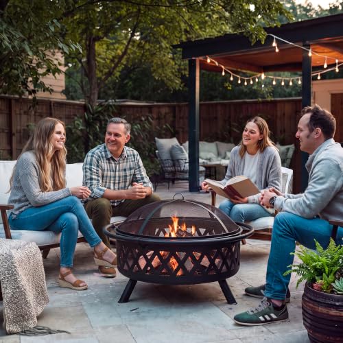 Image of SUNCREAT 42 inch Patio Fire Pit Wood Burning with Mesh Spark Screen, Bonfire Outdoor firepit with Fireplace Poker, Black