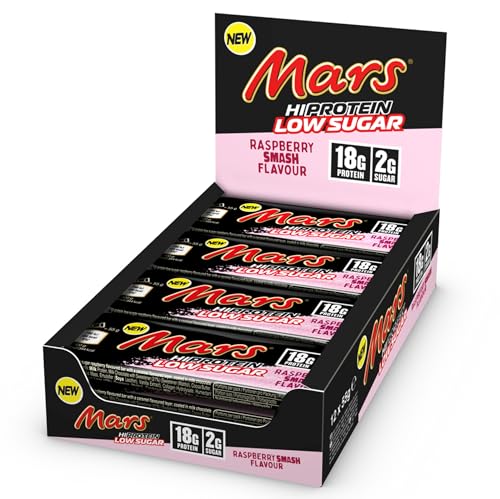 Mars - Raspberry Smash Low Sugar Chocolate Protein Bars | 12 x 55g Pack, High Protein Energy Snack, 18g Protein