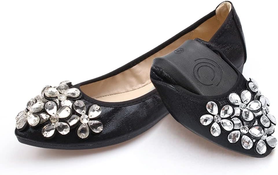 Women's Ballet Flats Foldable Casual Sparkly Rhinestone Wedding Ballerina Shoes Comfort Slip on Walking Flat Shoes