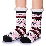 DoSmart Womens Winter Thermal Snowflake Fleece Lining Fuzzy Warm Indoor Home Socks (Black&Pink)