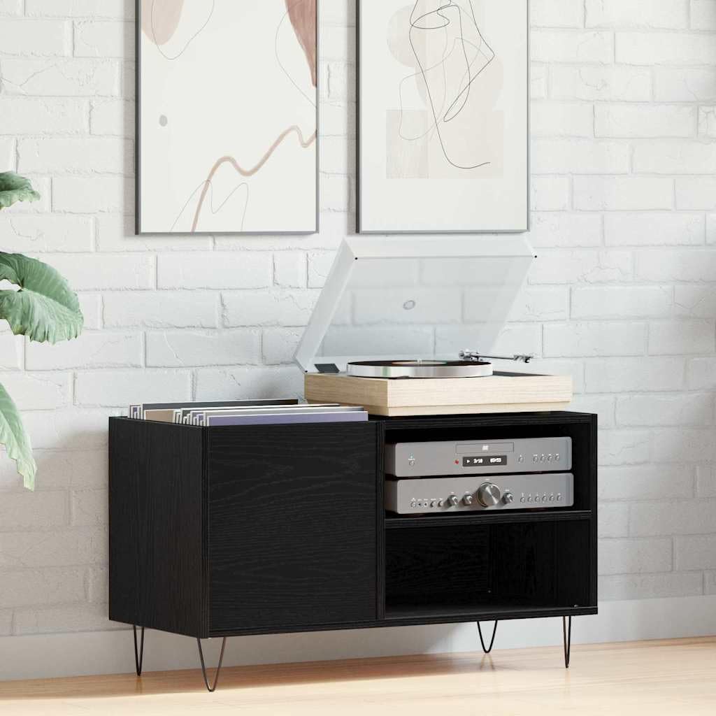 Armadio per dischi in vinile, colore nero, effetto rovere, 85 x 38 x 48 cm, con ripiani, per collezione LP e accessori per ufficio, credenza moderna, in legno