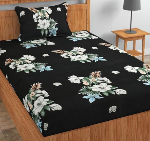 Image of Cotton 210 tc Flat Single | Diwan | Single Mattress Coat Bed Bedsheets for Summer Winter Breathable | Wrinkle Free (Size-60 X 90 Inch) with 1 Pillow Cover 60 x 90 Inches, Floral, Black White