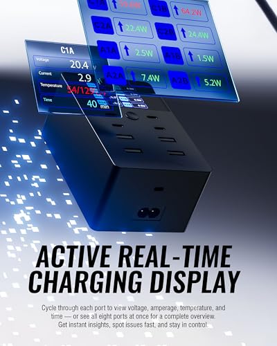 SABRENT 252W USB Charger – 8-Port Charging Station with USB-C 100W PD & USB-A Fast Charging, LCD Display, PPS, Compact Travel Design for Laptops, Phones, Tablets, Gaming Devices (AX-8PTC) image 3